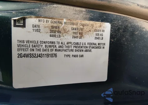 2003 Buick Century Custom from USA, damaged, VIN 2G4WS52J431191076